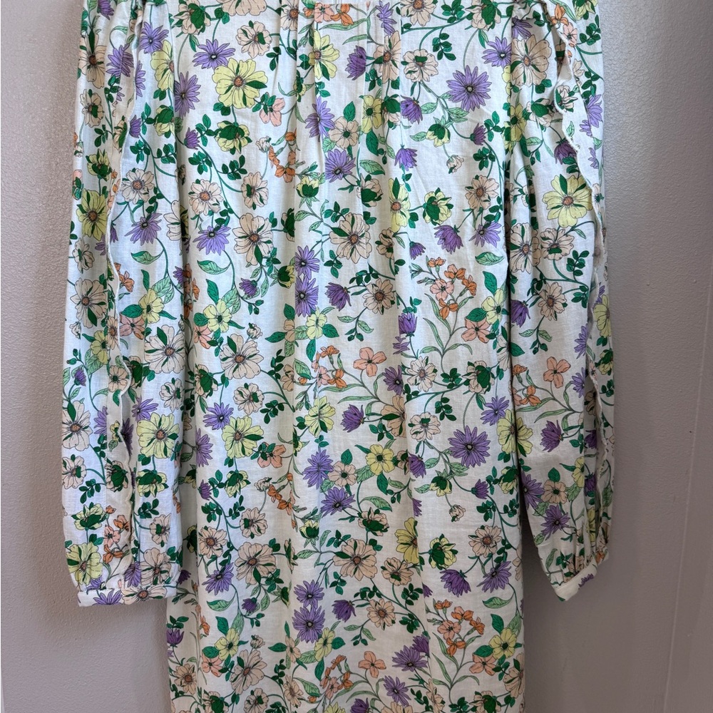 LOFT Cream Floral Dress with Green and Purple Accents